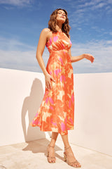 Happy Feelings Satin Midi Dress - Tangerine Multi
