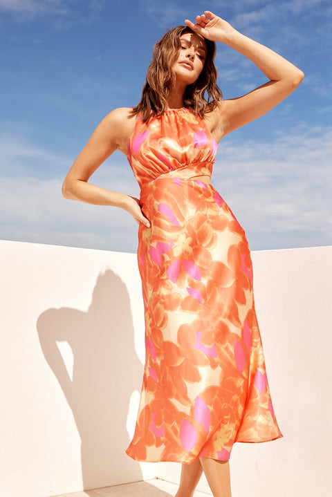 Happy Feelings Satin Midi Dress - Tangerine Multi
